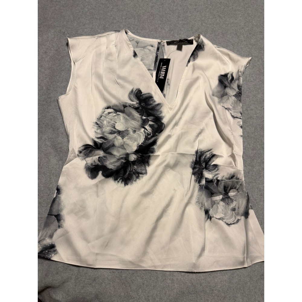 WHBM White House Black Market Floral Satin V-Neck Shell Top Ecru XS 570397747